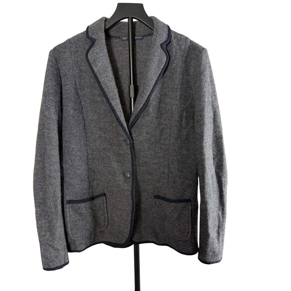 Brooks Brothers 346 Womens Gray Knit Blazer Navy Trim Elbow Patches Size Large